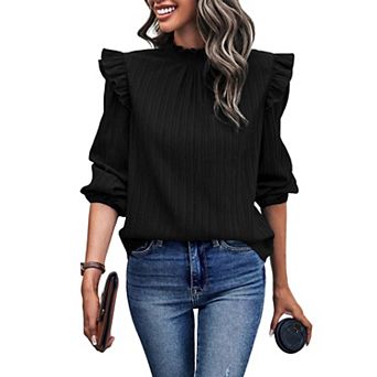 Women;S Solid Color Blouse Ruffle Shoulder Long Sleeve Textured Top For Daily Or Casual Wear
