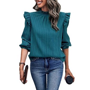 Women;S Solid Color Blouse Ruffle Shoulder Long Sleeve Textured Top For Daily Or Casual Wear