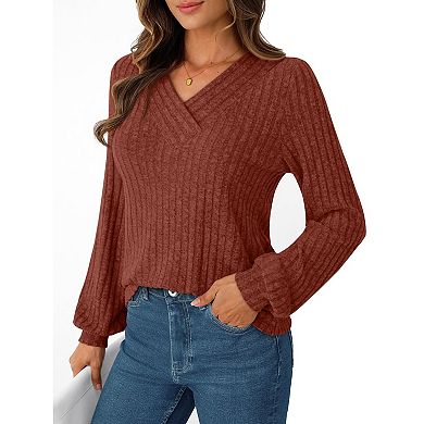 Long Sleeve Shirts for Women V Neck Solid Tops Ribbed Tunic Fall Winter Blouse