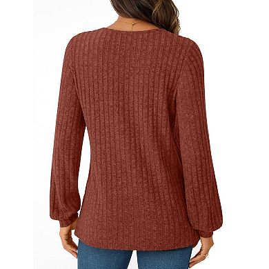 Long Sleeve Shirts for Women V Neck Solid Tops Ribbed Tunic Fall Winter Blouse