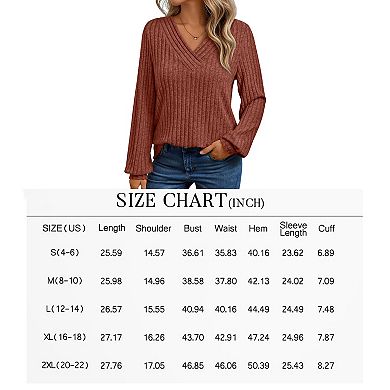 Long Sleeve Shirts for Women V Neck Solid Tops Ribbed Tunic Fall Winter Blouse