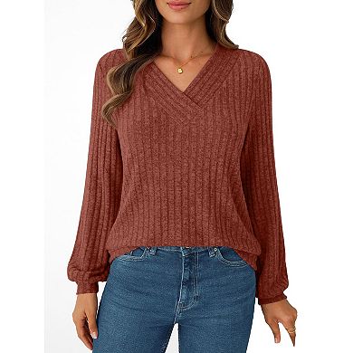 Long Sleeve Shirts for Women V Neck Solid Tops Ribbed Tunic Fall Winter Blouse