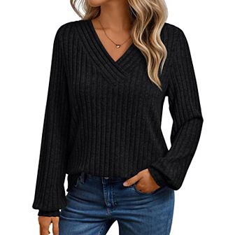 Long Sleeve Shirts for Women V Neck Solid Tops Ribbed Tunic Fall Winter Blouse