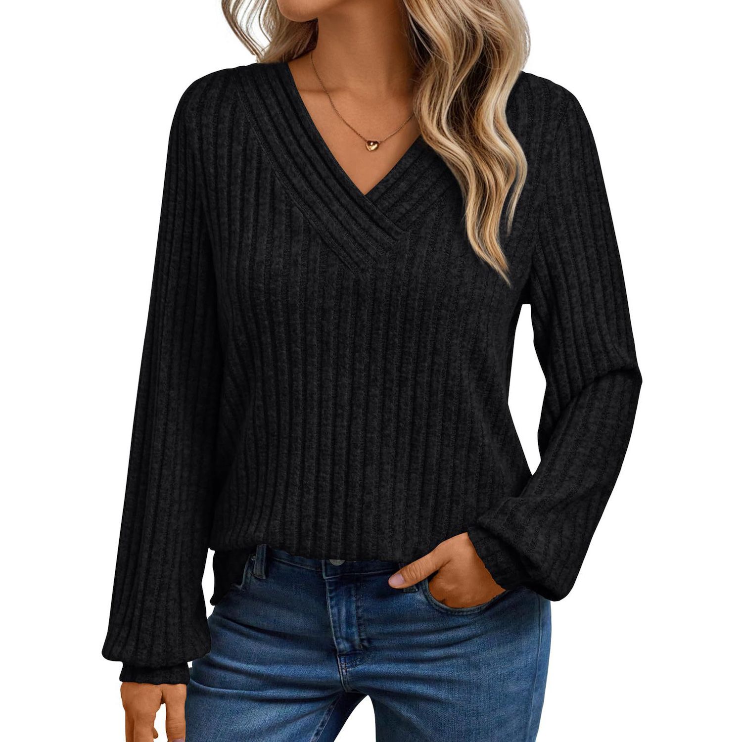 SHENHE Women's V Neck Button Up Long Sleeve Lettuce Trim Ribbed Crop