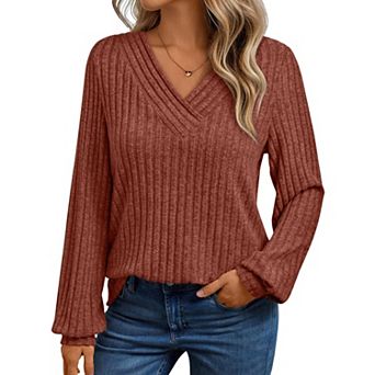 Long Sleeve Shirts for Women V Neck Solid Tops Ribbed Tunic Fall Winter Blouse
