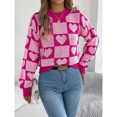 Women's Checker Heart Print Sweaters Long Sleeve Round Neck Loose Pullovers Knit Tops