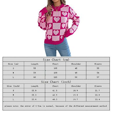Women's Checker Heart Print Sweaters Long Sleeve Round Neck Loose Pullovers Knit Tops