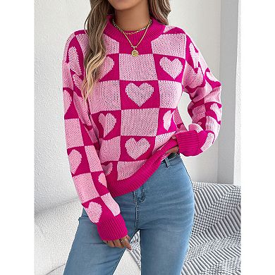 Women's Checker Heart Print Sweaters Long Sleeve Round Neck Loose Pullovers Knit Tops