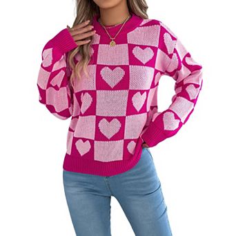 Women's Checker Heart Print Sweaters Long Sleeve Round Neck Loose Pullovers Knit Tops