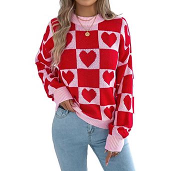 Women's Checker Heart Print Sweaters Long Sleeve Round Neck Loose Pullovers Knit Tops