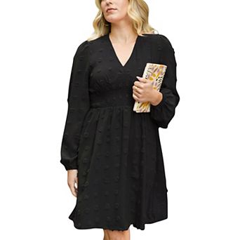 Women's Swiss Dot Long Sleeve Mini Dress with Smocked Waist and V-Neckline