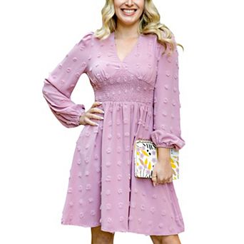 Women's Swiss Dot Long Sleeve Mini Dress with Smocked Waist and V-Neckline