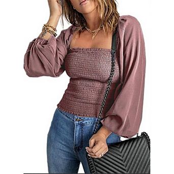 Womens Long Sleeve Blouses Casual Square Neck Lantern Sleeve Smocked Fashion Tops