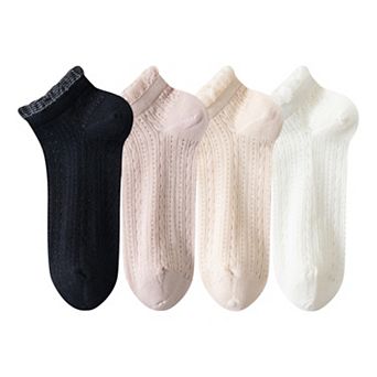 Women's 4-Pair Pack Breathable Lace Trim Ankle Socks with Open Knit Mesh Texture and Cotton Comfort