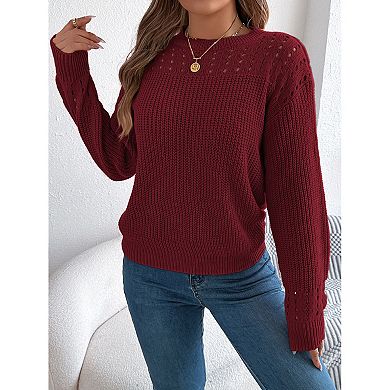 Womens Cute Crochet Sweater Fall Hollow Out Pullover Crewneck Long Sleeve Tops