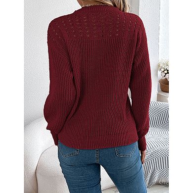 Womens Cute Crochet Sweater Fall Hollow Out Pullover Crewneck Long Sleeve Tops