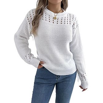 Womens Cute Crochet Sweater Fall Hollow Out Pullover Crewneck Long Sleeve Tops