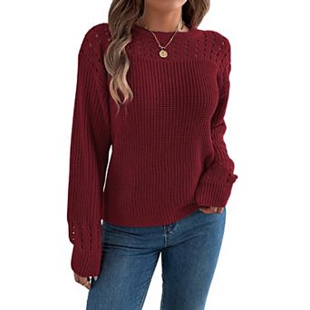 Womens Cute Crochet Sweater Fall Hollow Out Pullover Crewneck Long Sleeve Tops