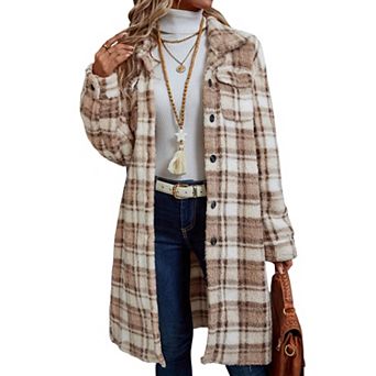 Women Casual Plaid Shirt Coat Flannel Long Sleeve Jacket Button Down Outwear with Pocket