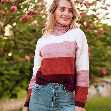 Women's Striped Turtleneck Knit Pullover Sweater with Long Sleeves