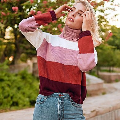 Women's Striped Turtleneck Knit Pullover Sweater with Long Sleeves
