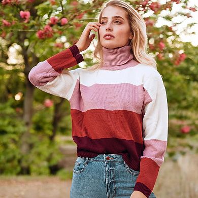 Women's Striped Turtleneck Knit Pullover Sweater with Long Sleeves