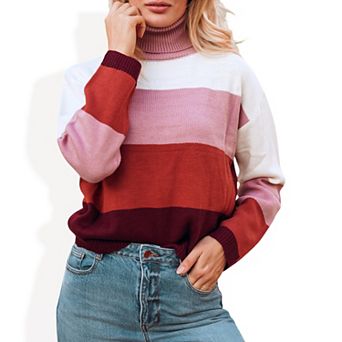 Women's Striped Turtleneck Knit Pullover Sweater with Long Sleeves