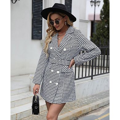 Women's Long Sleeve Lapel Double Breasted Button Front Houndstooth Blazer Dresses with Belt