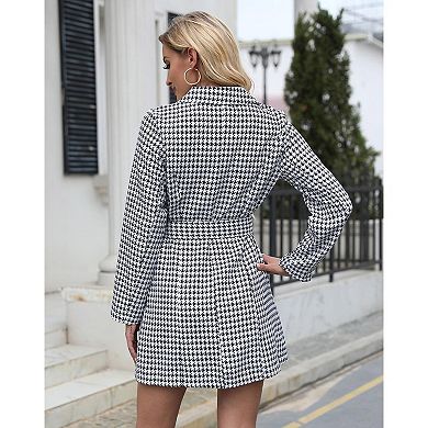 Women's Long Sleeve Lapel Double Breasted Button Front Houndstooth Blazer Dresses with Belt