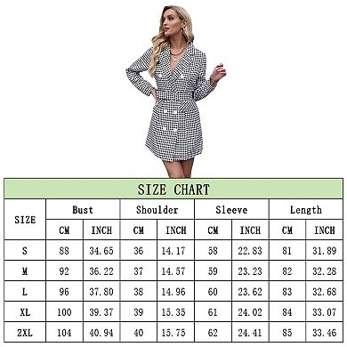 Women's Long Sleeve Lapel Double Breasted Button Front Houndstooth Blazer Dresses with Belt