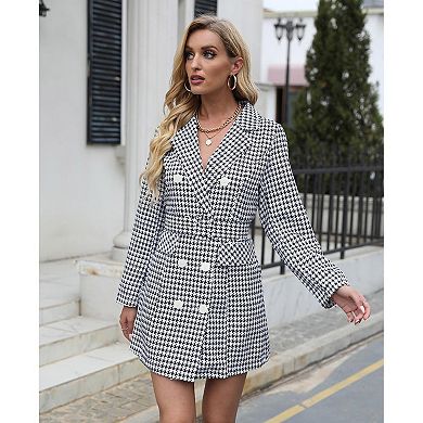 Women's Long Sleeve Lapel Double Breasted Button Front Houndstooth Blazer Dresses with Belt