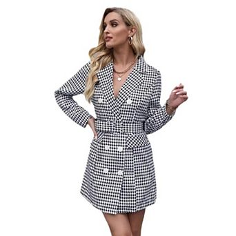 Women's Long Sleeve Lapel Double Breasted Button Front Houndstooth Blazer Dresses with Belt