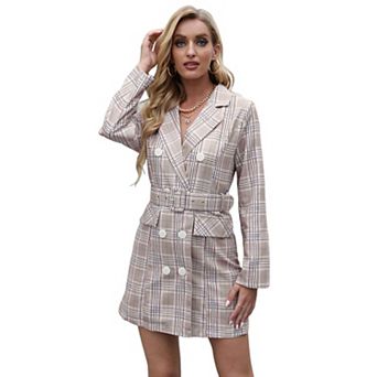 Women's Long Sleeve Lapel Double Breasted Button Front Houndstooth Blazer Dresses with Belt