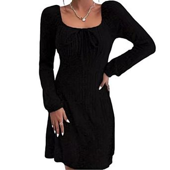 Womens Long Sleeve Casual Dresses Square Neck Elastic Waist Big Hem Solid Midi Dress