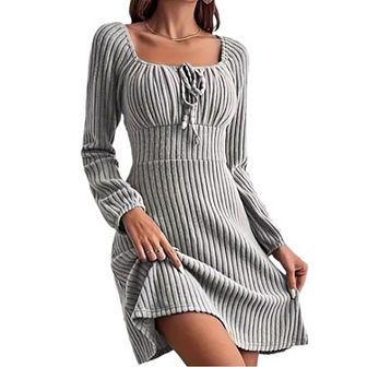 Womens Long Sleeve Casual Dresses Square Neck Elastic Waist Big Hem Solid Midi Dress