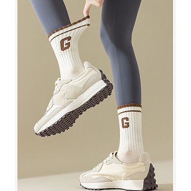Women's 4-Pair Pack Ribbed Cotton Crew Socks with Striped Cuffs and Athletic Color Combinations