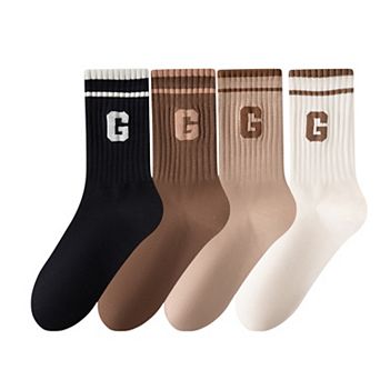 Women's 4-Pair Pack Ribbed Cotton Crew Socks with Striped Cuffs and Athletic Color Combinations