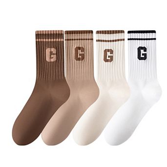 Women's 4-Pair Pack Ribbed Cotton Crew Socks with Striped Cuffs and Athletic Color Combinations