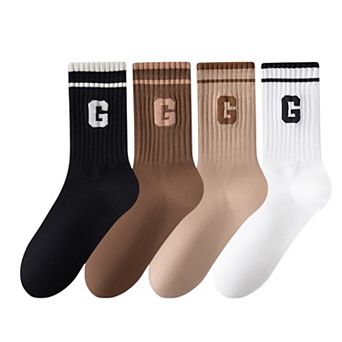 Women's 4-Pair Pack Ribbed Cotton Crew Socks with Striped Cuffs and Athletic Color Combinations