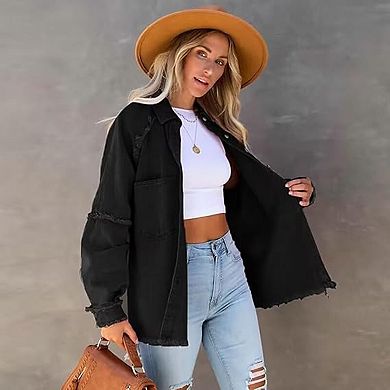 Women Tassel Hem Single-Breasted Cardigan Outerwear Solid Denim Coat Raw Edge Splicing Jackets