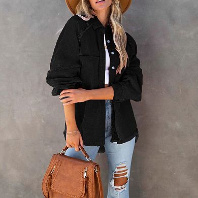 Women Tassel Hem Single-Breasted Cardigan Outerwear Solid Denim Coat Raw Edge Splicing Jackets