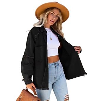 Women Tassel Hem Single-Breasted Cardigan Outerwear Solid Denim Coat Raw Edge Splicing Jackets