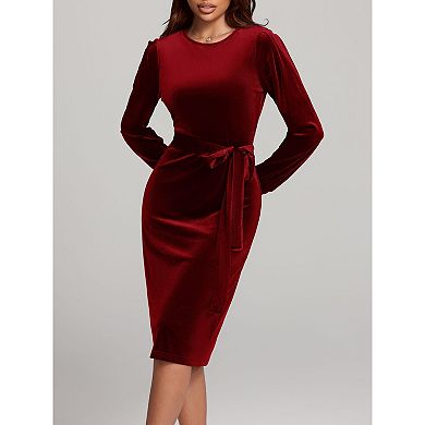 Women's Velvet Dress Long Sleeve Round Neck Midi Dresses Fall Winter Elegant A-Line Dress with Belt