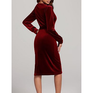 Women's Velvet Dress Long Sleeve Round Neck Midi Dresses Fall Winter Elegant A-Line Dress with Belt
