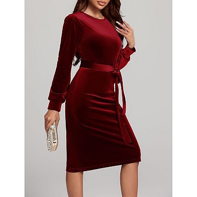 Women's Velvet Dress Long Sleeve Round Neck Midi Dresses Fall Winter Elegant A-Line Dress with Belt