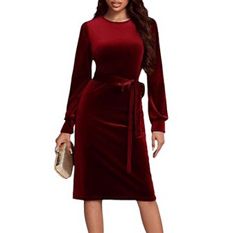 Women's Velvet Dress Long Sleeve Round Neck Midi Dresses Fall Winter Elegant A-Line Dress with Belt