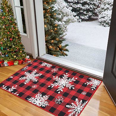 Garvee Christmas Snowflakes Plaid Doormat for Entrace Kitchen