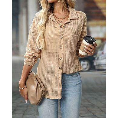 Womens Waffle Knit Button Down Shirts Oversized Long Sleeve Tops Loose Fit Shacket with Pocket