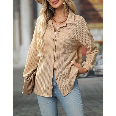 Womens Waffle Knit Button Down Shirts Oversized Long Sleeve Tops Loose Fit Shacket with Pocket