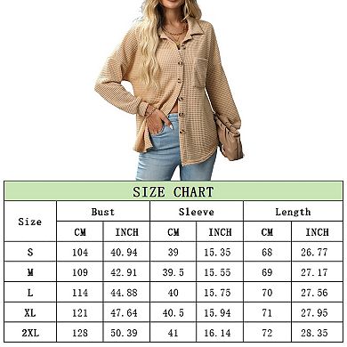 Womens Waffle Knit Button Down Shirts Oversized Long Sleeve Tops Loose Fit Shacket with Pocket